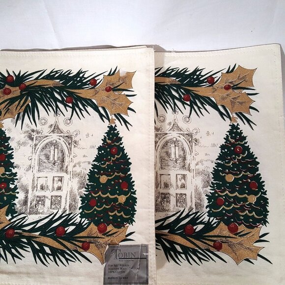 Christmas Holiday Themed Placemats Napkins 100% Cotton Trees Holly Candle Set 2 - Picture 3 of 6